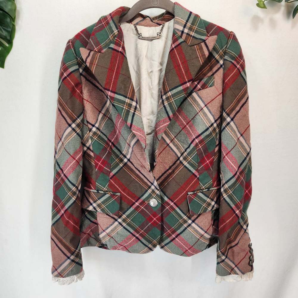 Juicy Couture Plaid Vintage Cropped Blazer Lined Pockets Metal Buttons SIze 10